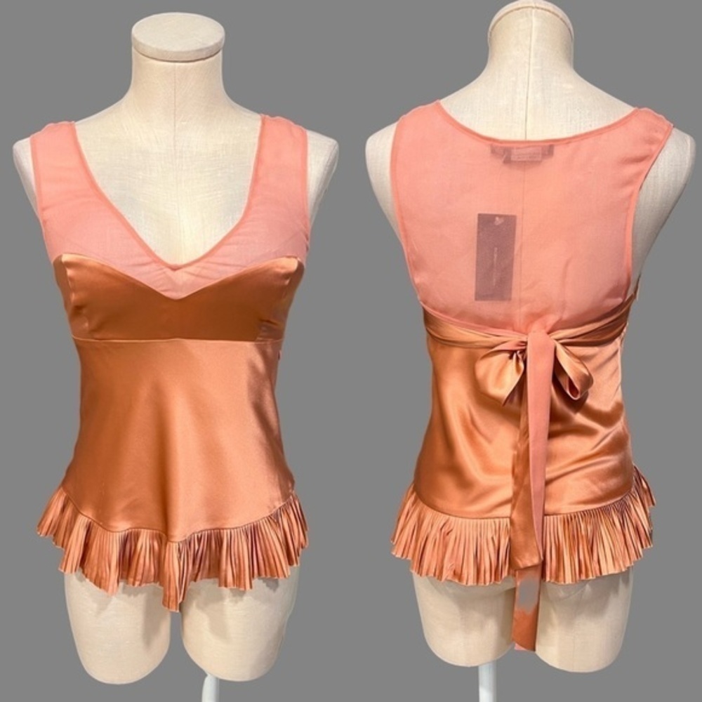 BCBGMAXAZRIA silk blouse with tie back and pleated hem in Crystal rose